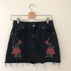 Topshop Black Denim Skirt with Rose Embroidery